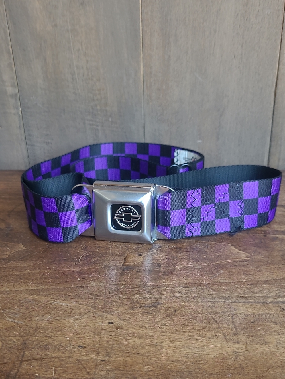 EUC Buckle-Down Belt Purple/Black Checkerboard Chevrolet Seatbelt Unisex Belt